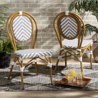Baxton Studio WA-4094V-White/Grey-DC Alaire Classic French Indoor and Outdoor Grey and White Bamboo Style Stackable 2-Piece Bistro Dining Chair Sett
